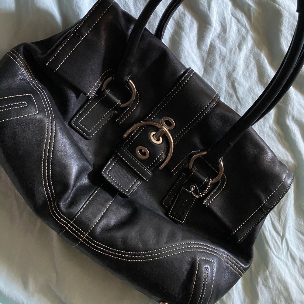 Coach Black Leather Satchel Handbag Buckle Flap